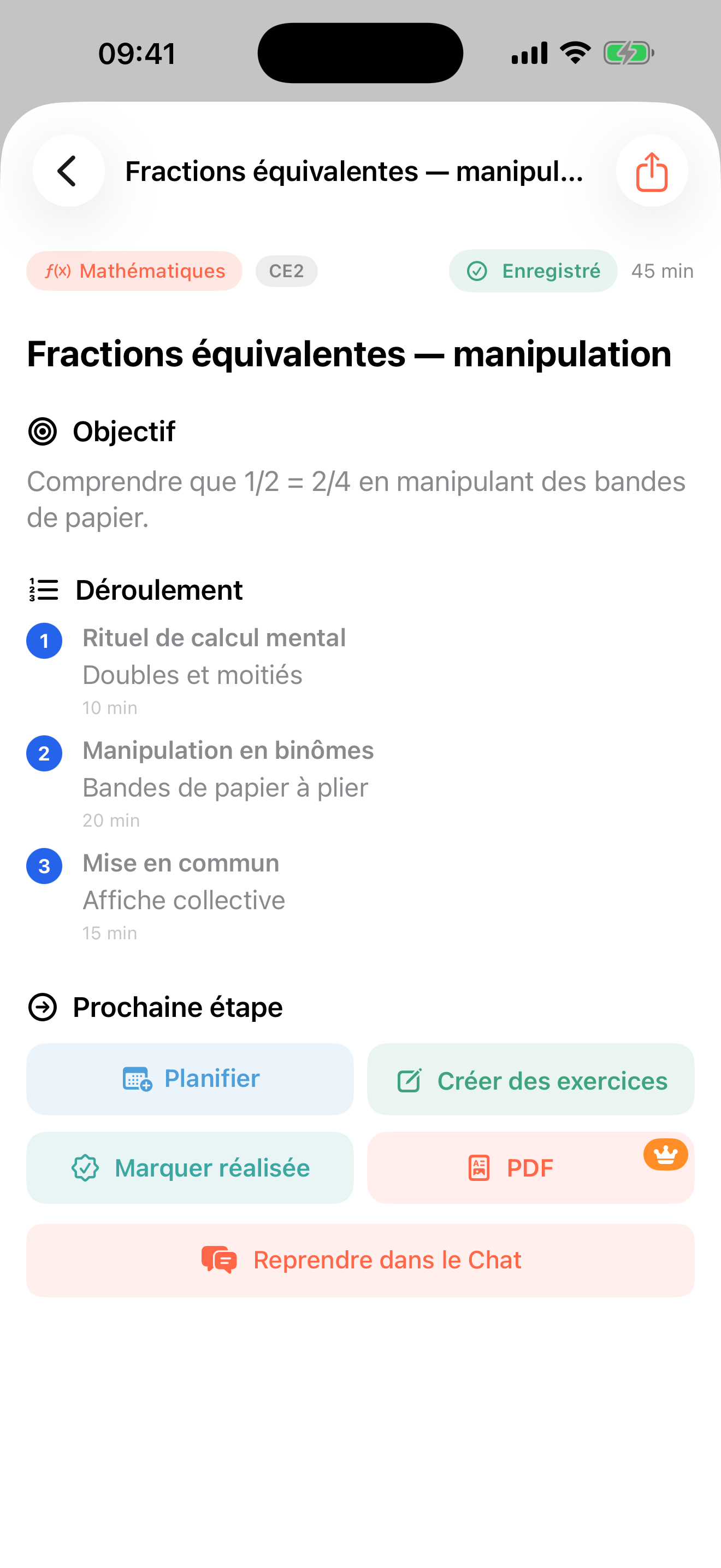 Séance complète sur les fractions équivalentes dans Pupitre